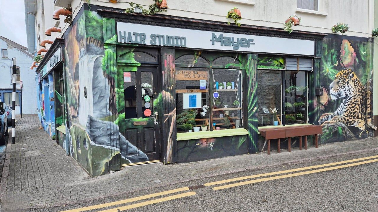 Mayer Hair Studio on Market Place: the shopfront is painted as a jungle mural with a leopard