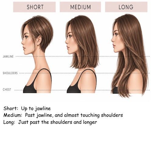 Mayer’s hair length guide: short up to the jawline, medium past the jawline and almost touching the shoulders, long just past the shoulders and longer.